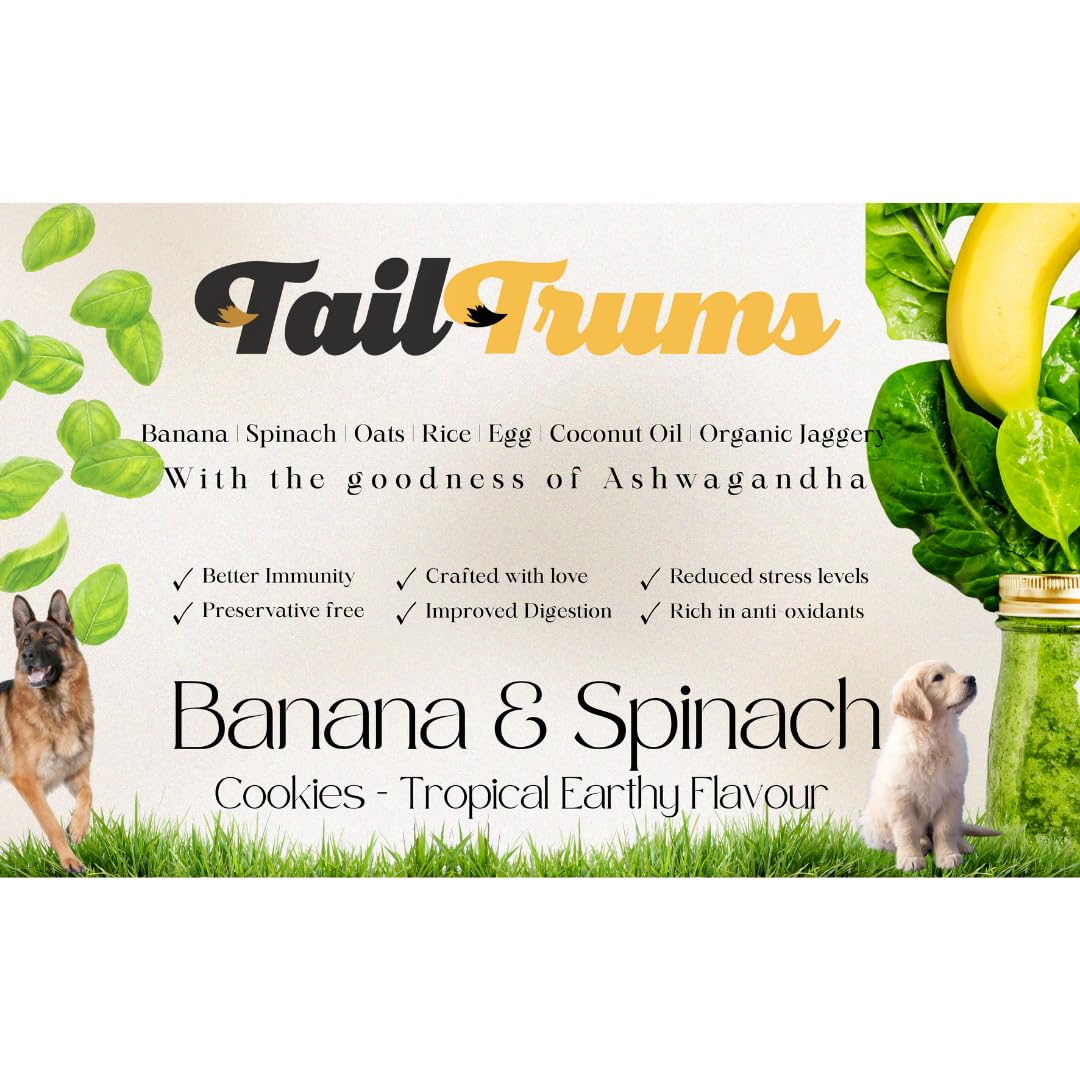 TailTrums Dog Biscuits – Banana & Spinach Cookies with Ashwagandha 250g (All Breeds)