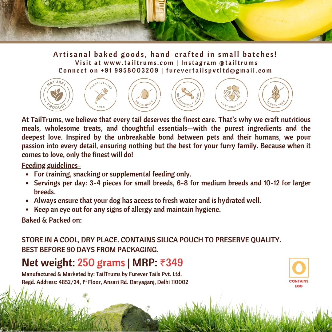 TailTrums Dog Biscuits – Banana & Spinach Cookies with Ashwagandha 250g (All Breeds)