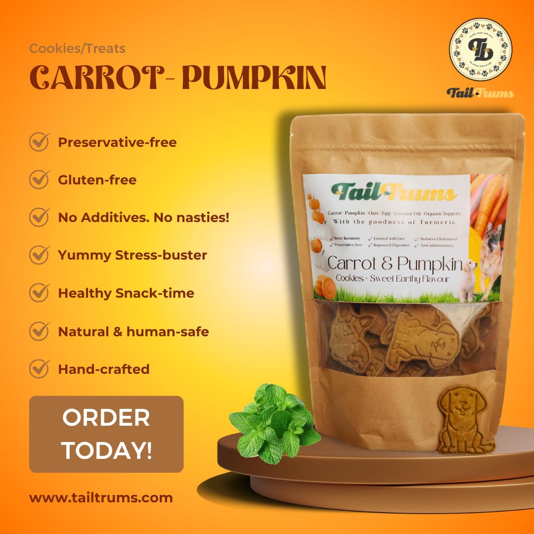 Tail Trums Carrot & Pumpkin cookies for dogs on an orange background with product details - TailTrums Carrot pumpkin Dog Biscuit dog Food