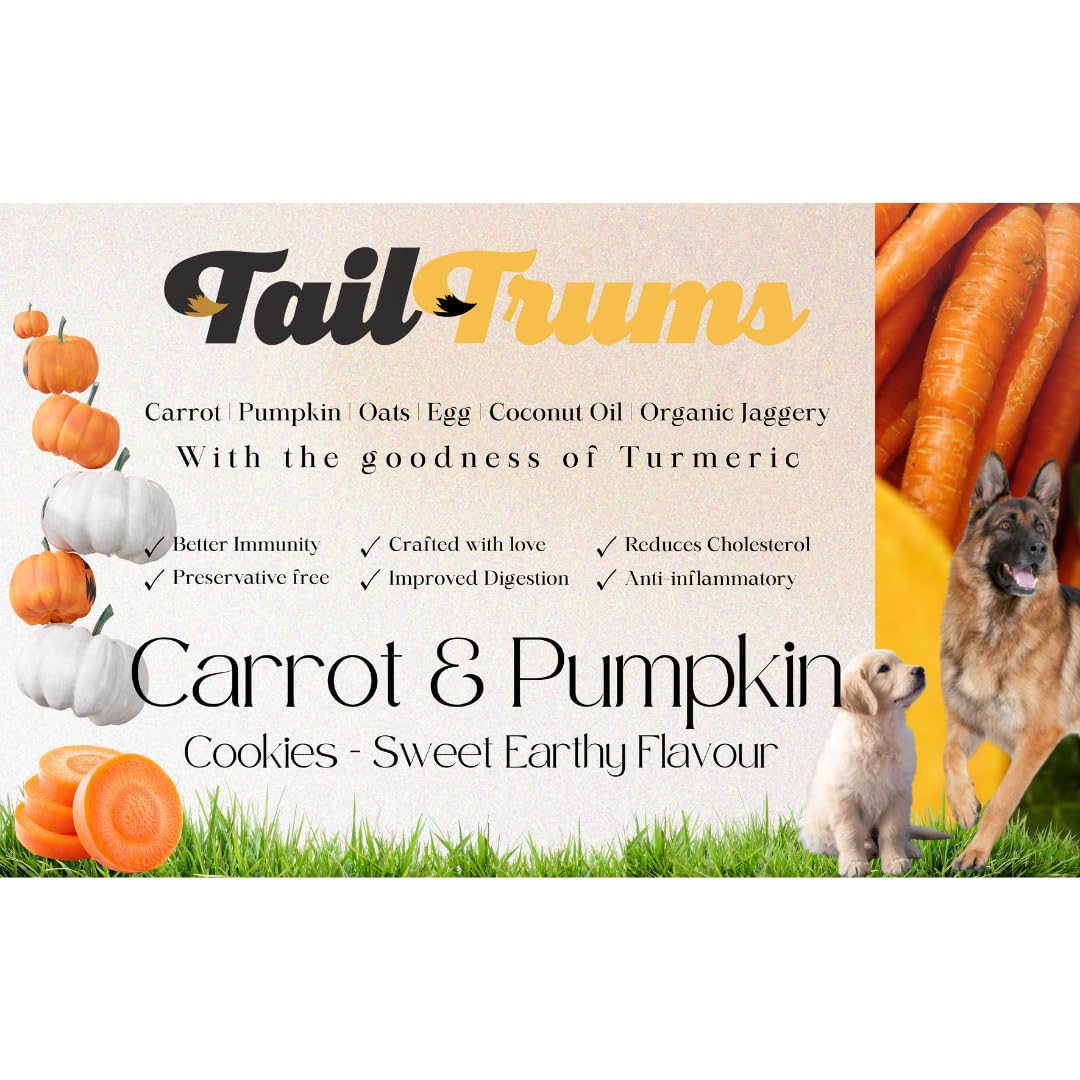 Tail Trums dog cookie packaging with carrots, pumpkin, and a dog on a grassy background - TailTrums Carrot pumpkin Dog Biscuit dog Food