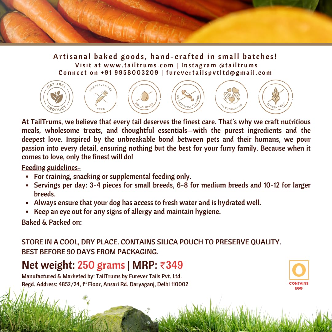 TailTrums pet food packaging with text and product details on a grassy background - TailTrums Carrot pumpkin Dog Biscuit dog Food