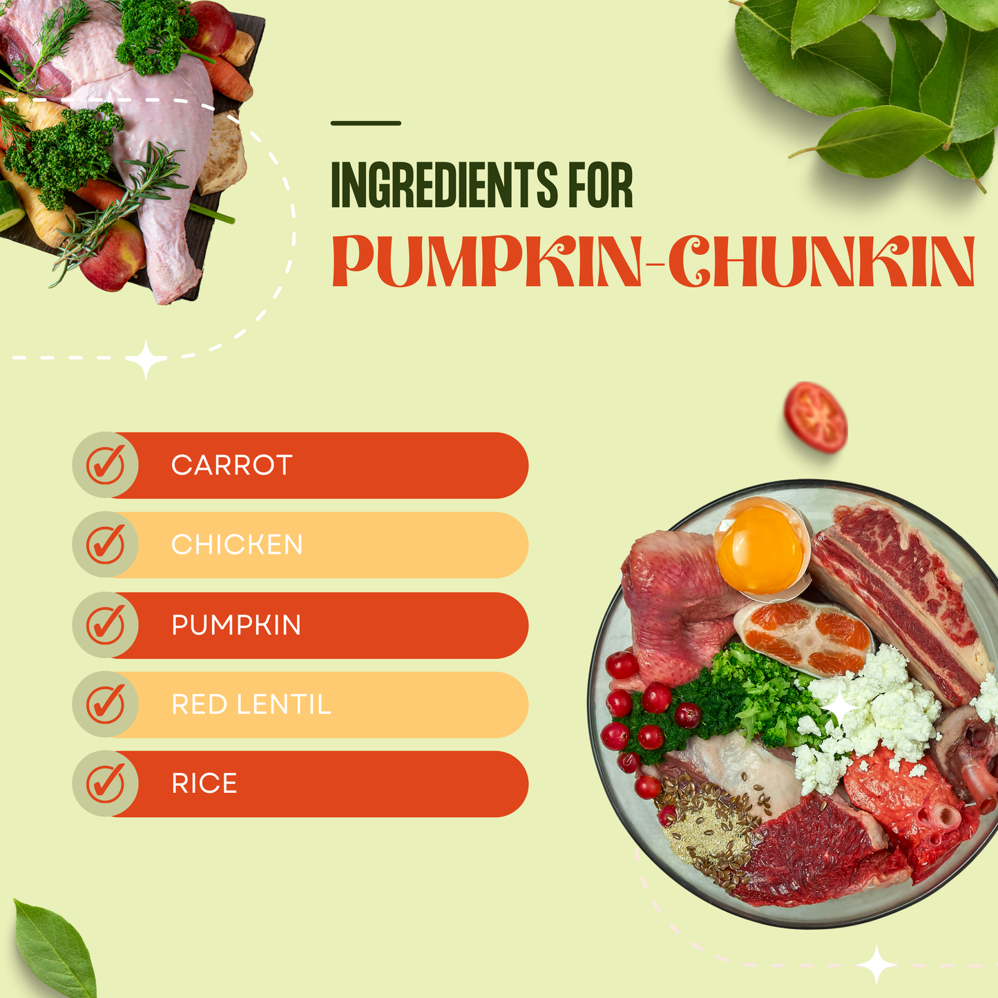 Ingredients for pumpkin-chunkin displayed with a list on a light green background. Tailtrums Pumpkin chunkin dog food 3