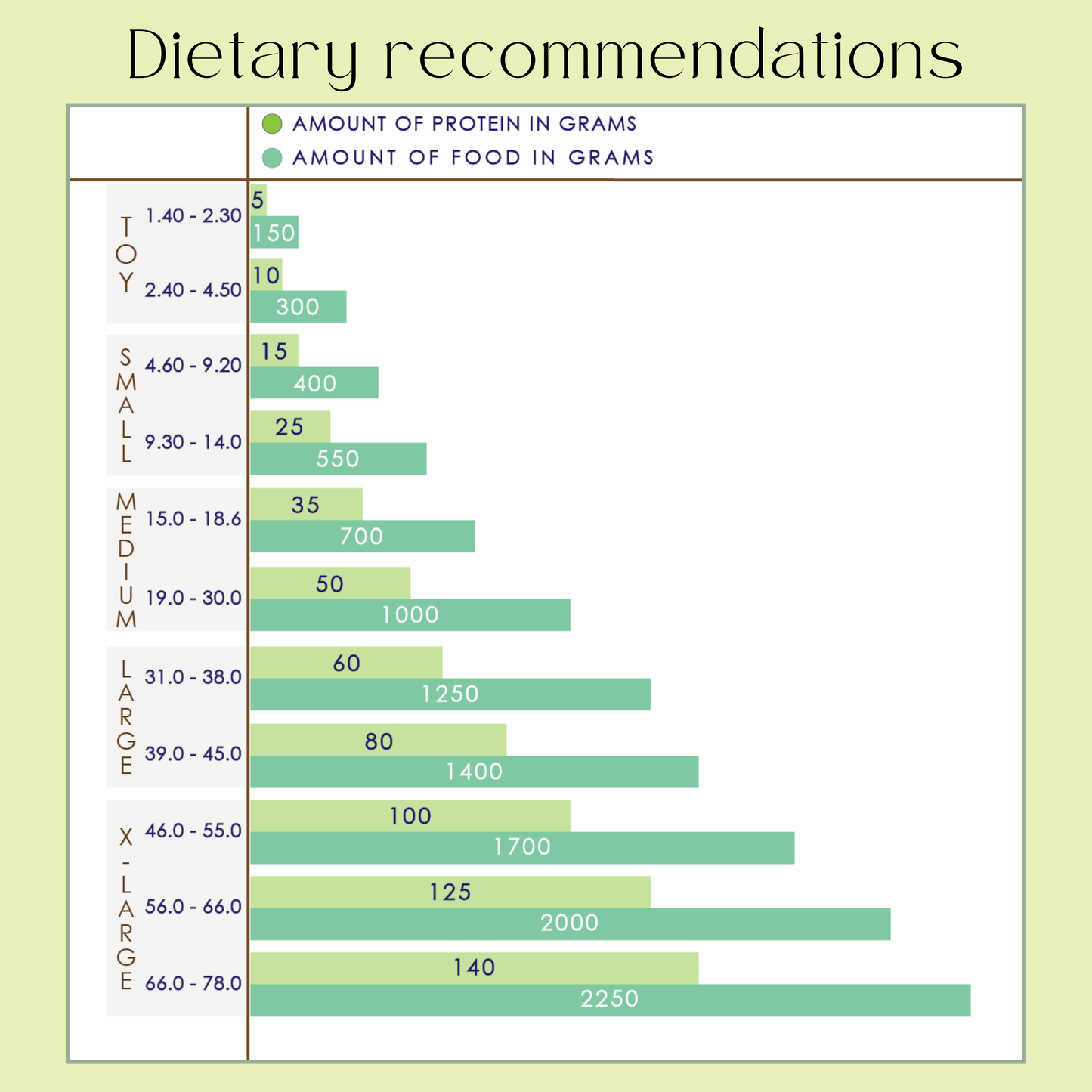Chart showing dietary recommendations for different dog sizes in terms of protein and food grams. Tailtrums - Pumpkin chunkin dog food