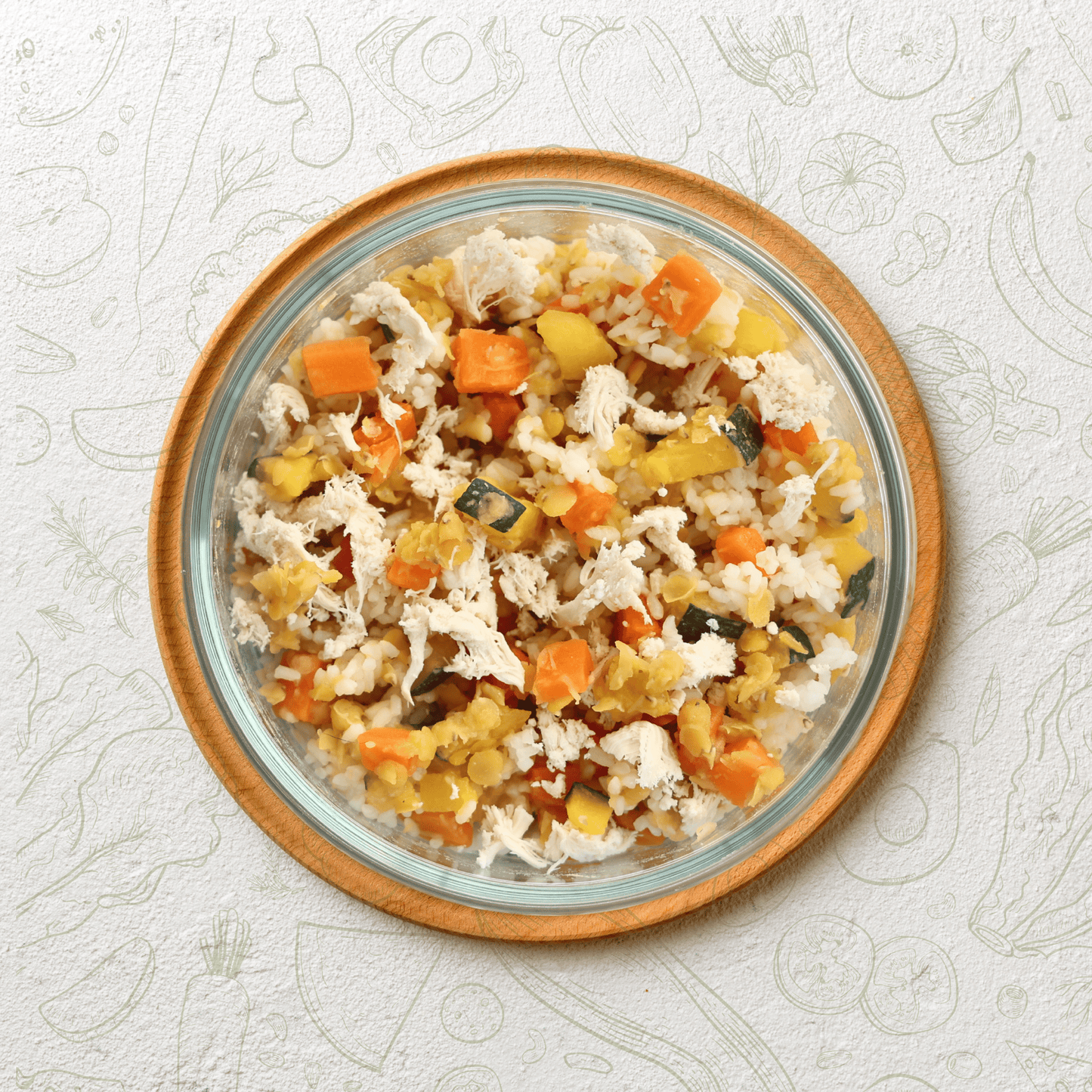 Glass bowl with a colorful rice dish on a textured white background - Tailtrums Pumpkin chunkin dog food