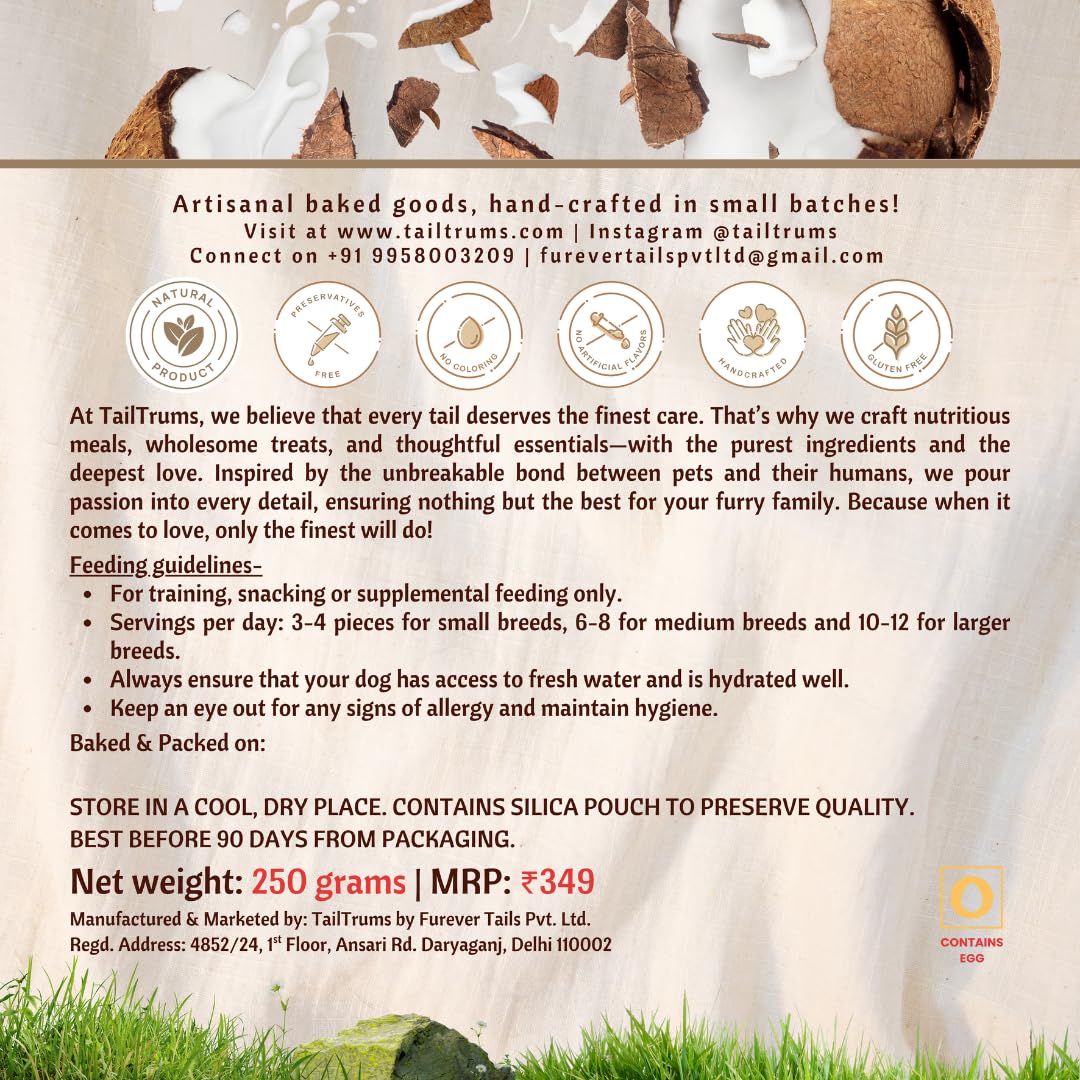 TailTrums Dog Biscuits – Milk & Coconut Cookies with Calcium 250g (All Breeds)