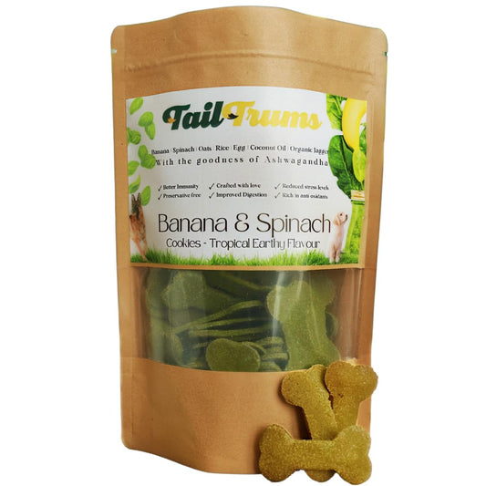 TailTrums Dog Biscuits – Banana & Spinach Cookies with Ashwagandha 250g (All Breeds)
