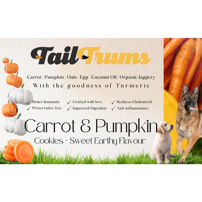 Tail Trums dog cookie packaging with carrots, pumpkin, and a dog on a grassy background - TailTrums Carrot pumpkin Dog Biscuit dog Food