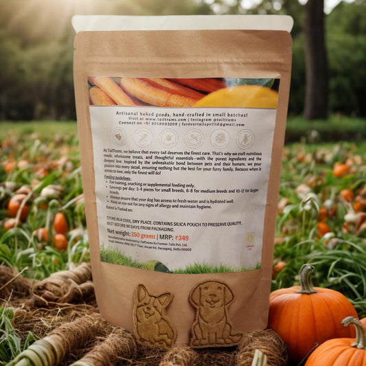 Dog food package with a pumpkin patch background - TailTrums Carrot pumpkin Dog Biscuit dog Food