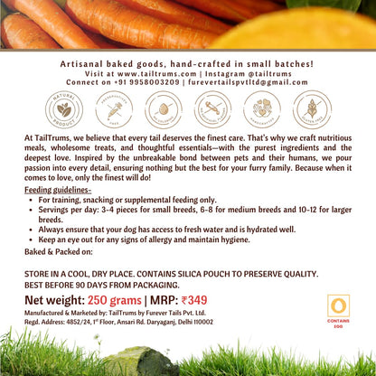 TailTrums pet food packaging with text and product details on a grassy background - TailTrums Carrot pumpkin Dog Biscuit dog Food