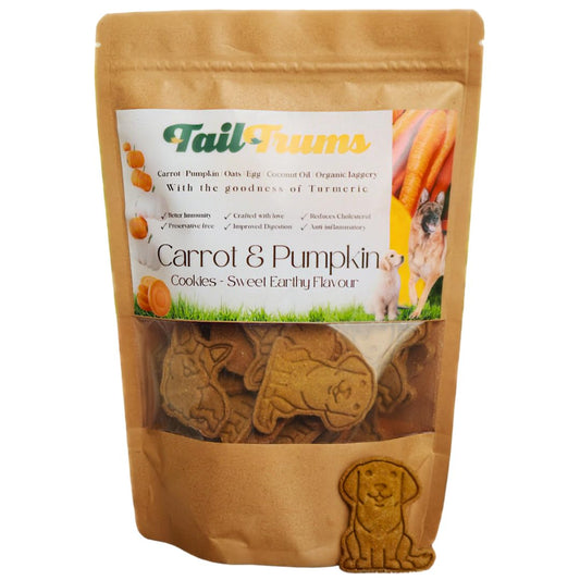 Bag of TailTrums Carrot & Pumpkin dog treats with visible treats inside on a white background - Dog Food Dog Biscuit