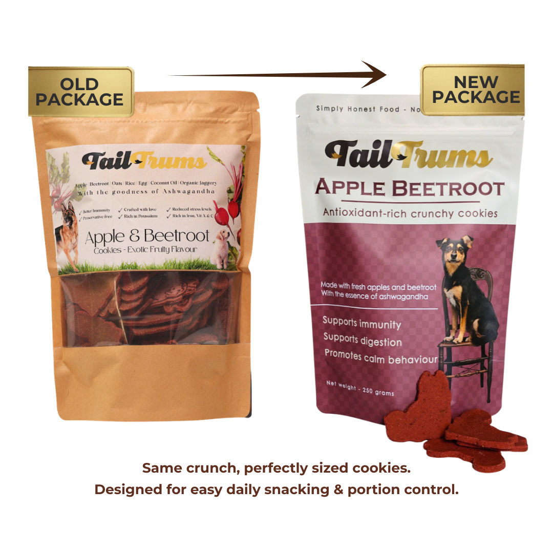 Tailtrums Apple Beetroot Dog Biscuits   - Old packaging Vs New Packaging