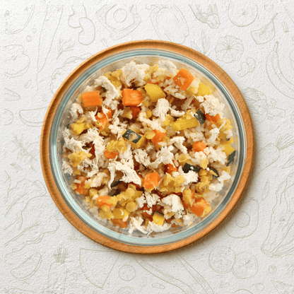 Glass bowl with a colorful rice dish on a textured white background - Tailtrums Pumpkin chunkin dog food 